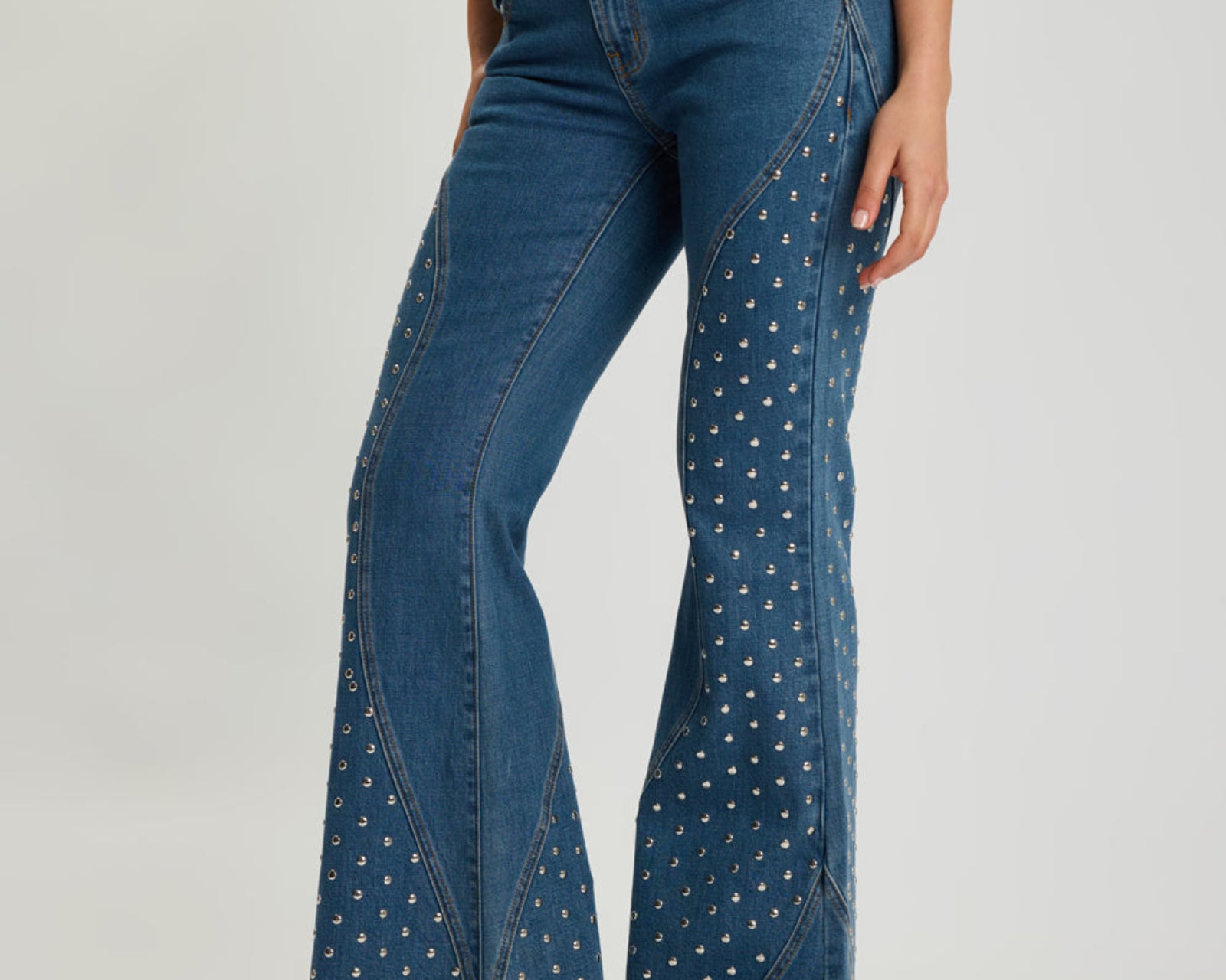 Chrome Edge Mid Waist Flared Studded Denim Jeans - Eclipse Blue