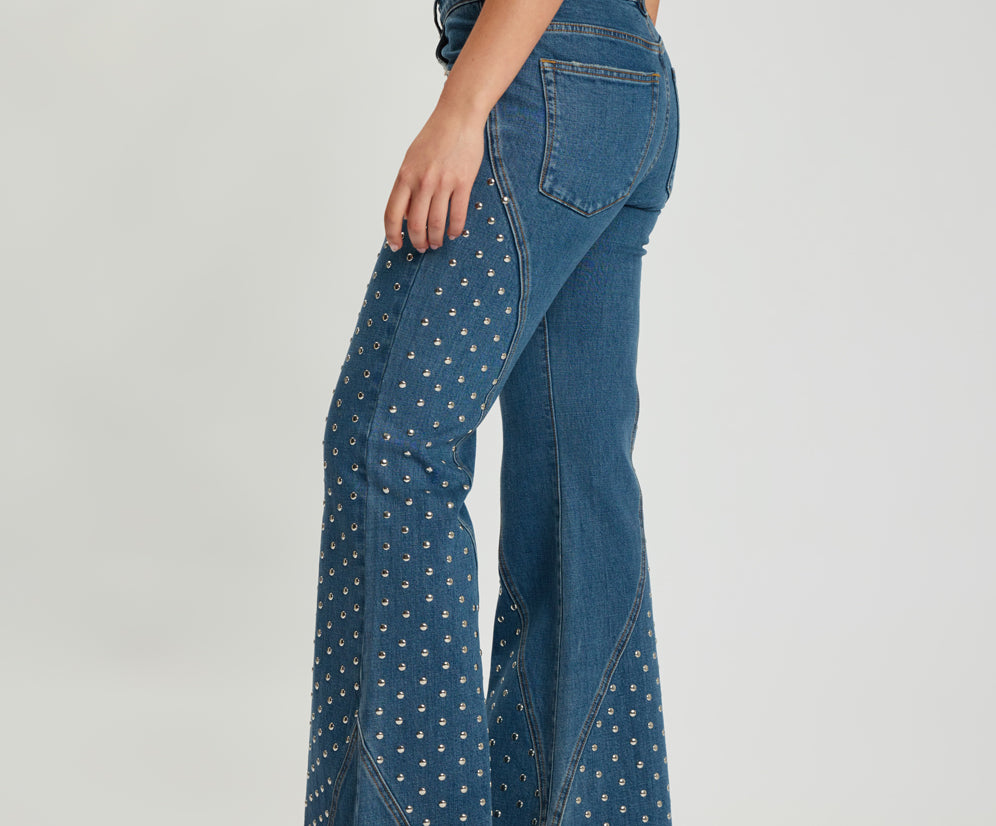 Chrome Edge Mid Waist Flared Studded Denim Jeans - Eclipse Blue