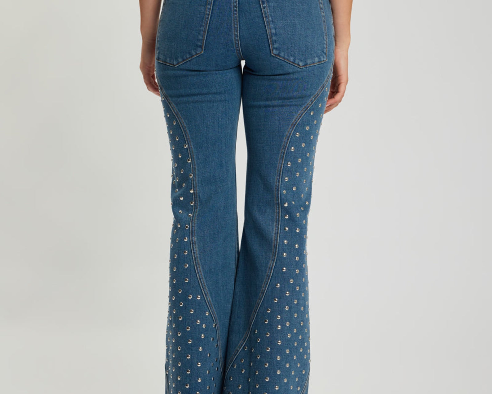 Chrome Edge Mid Waist Flared Studded Denim Jeans - Eclipse Blue