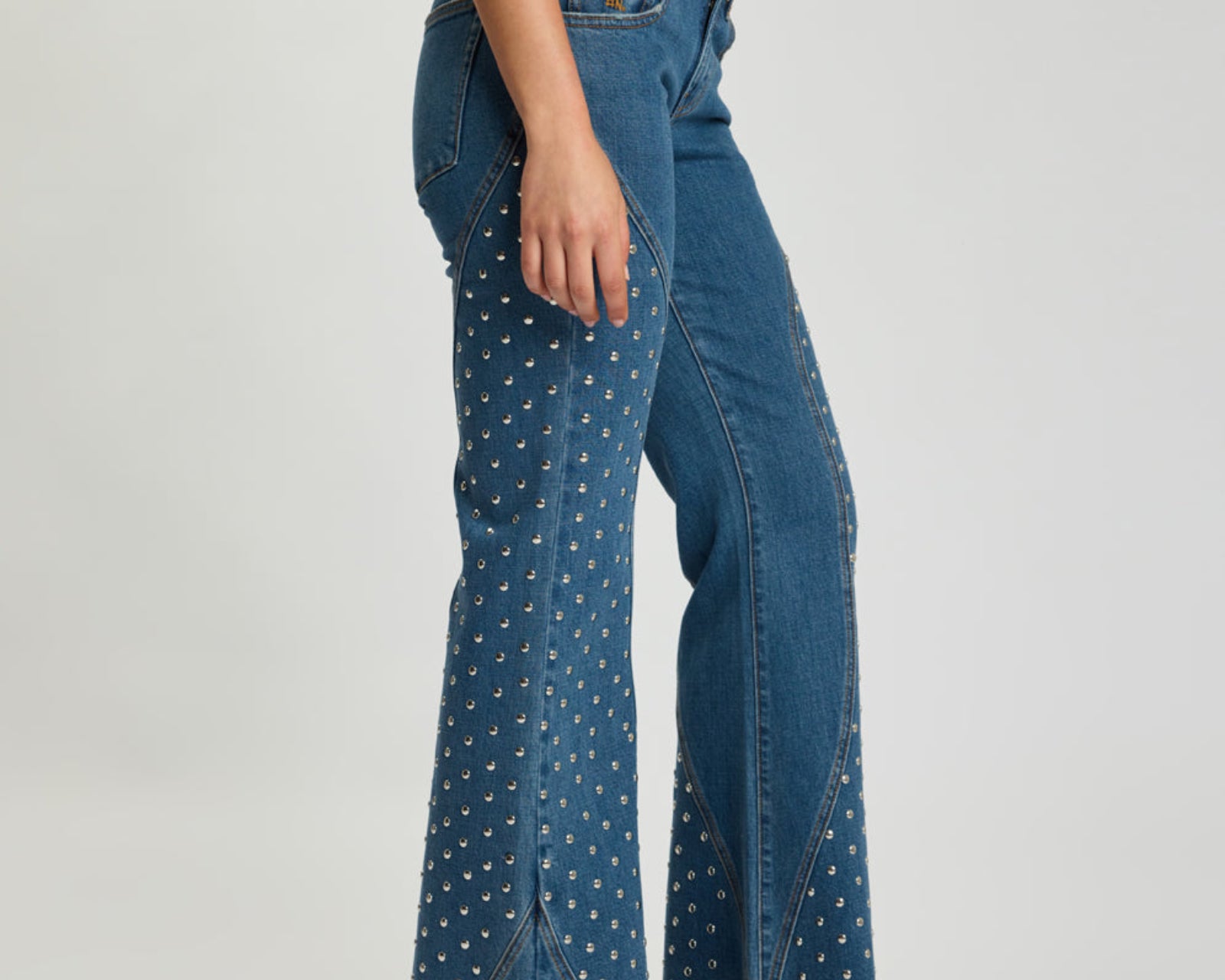 Chrome Edge Mid Waist Flared Studded Denim Jeans - Eclipse Blue