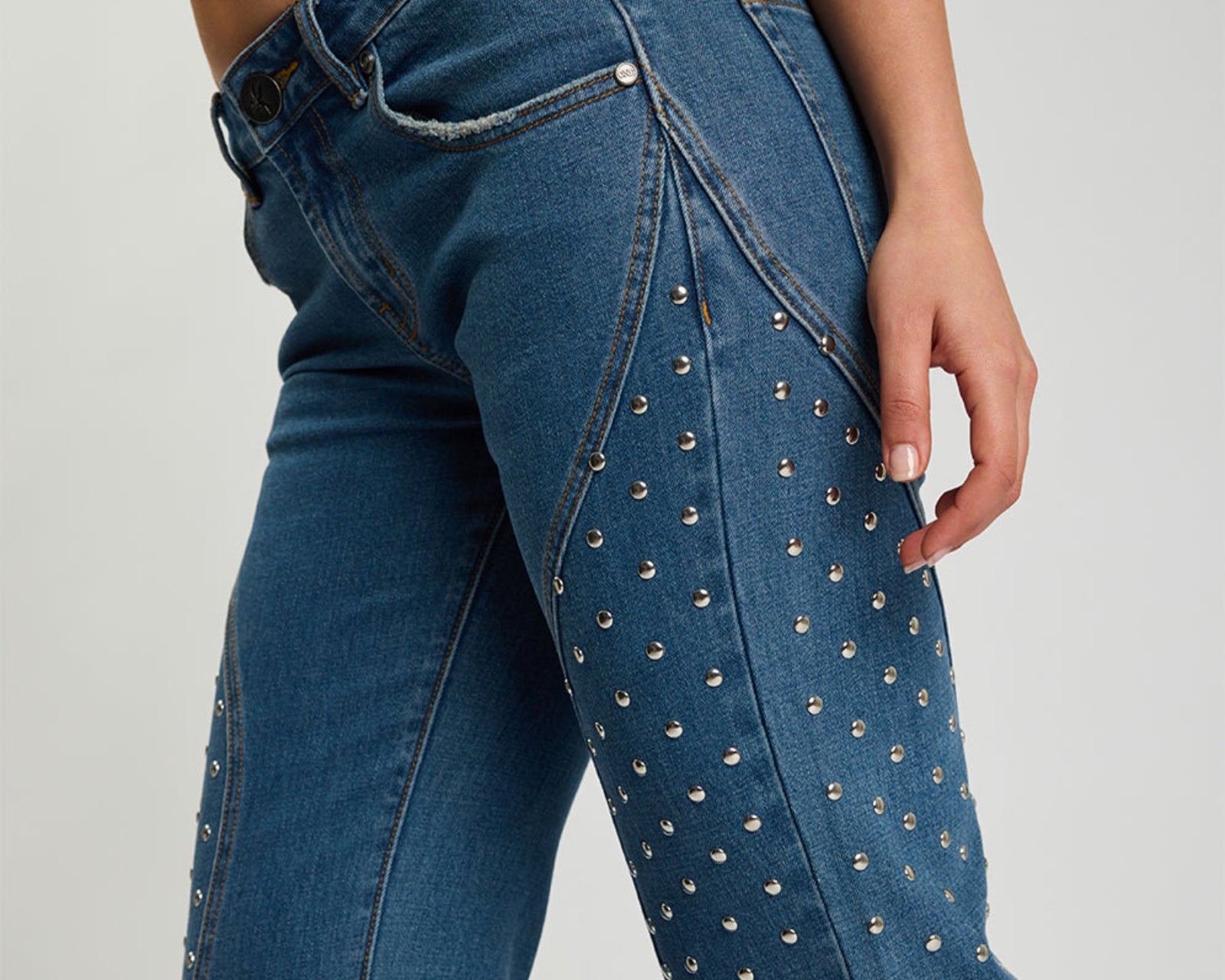 Chrome Edge Mid Waist Flared Studded Denim Jeans - Eclipse Blue