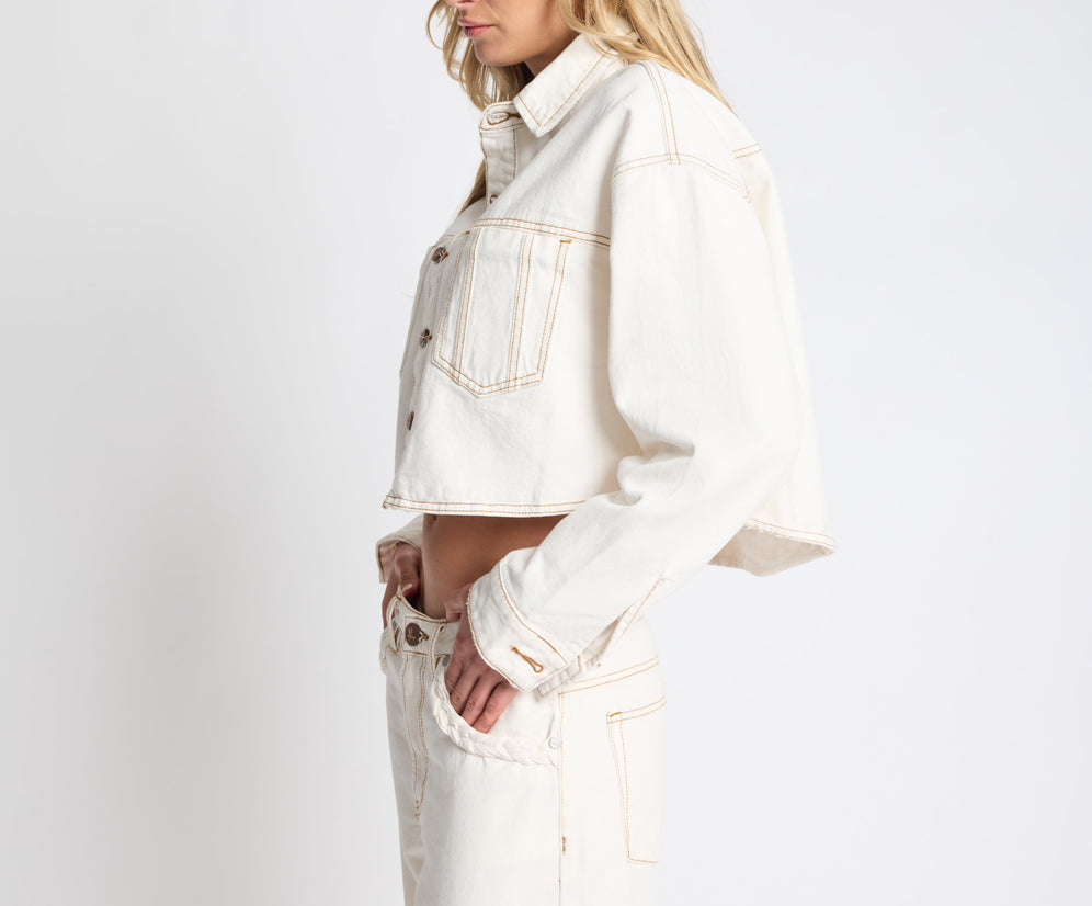 Rustler Cropped Denim Shacket - White Beauty