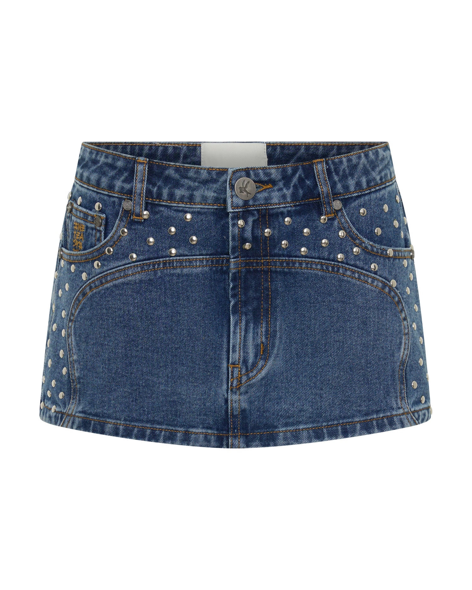 Chrome Edge Low Waist Studded Mini Denim Skirt - Eclipse Blue