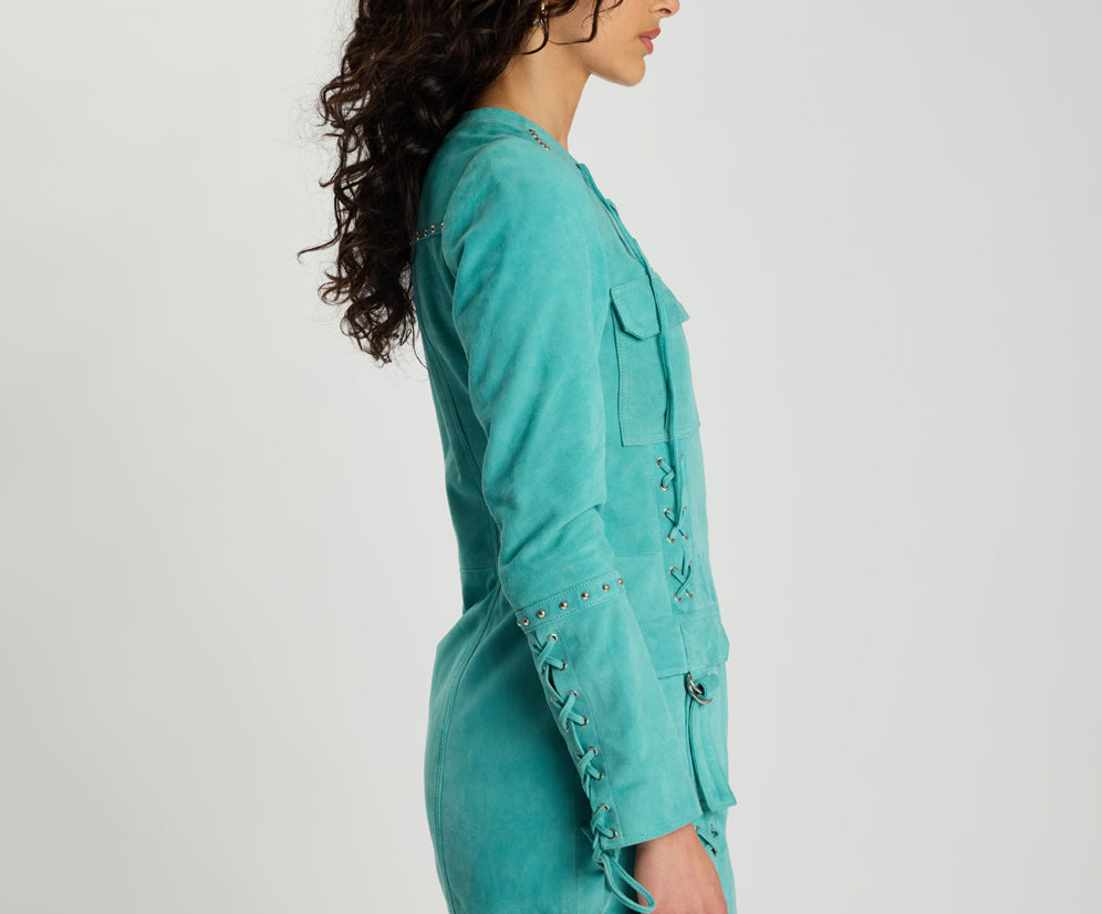 Cross My Heart Suede Longsleeve Laced Mini Dress - Mint Green