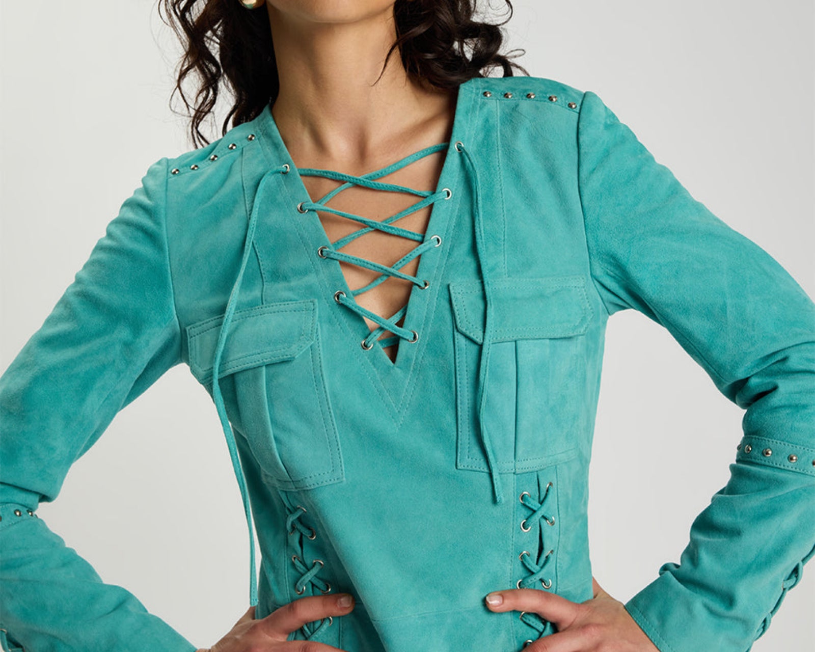 Cross My Heart Suede Longsleeve Laced Mini Dress - Mint Green
