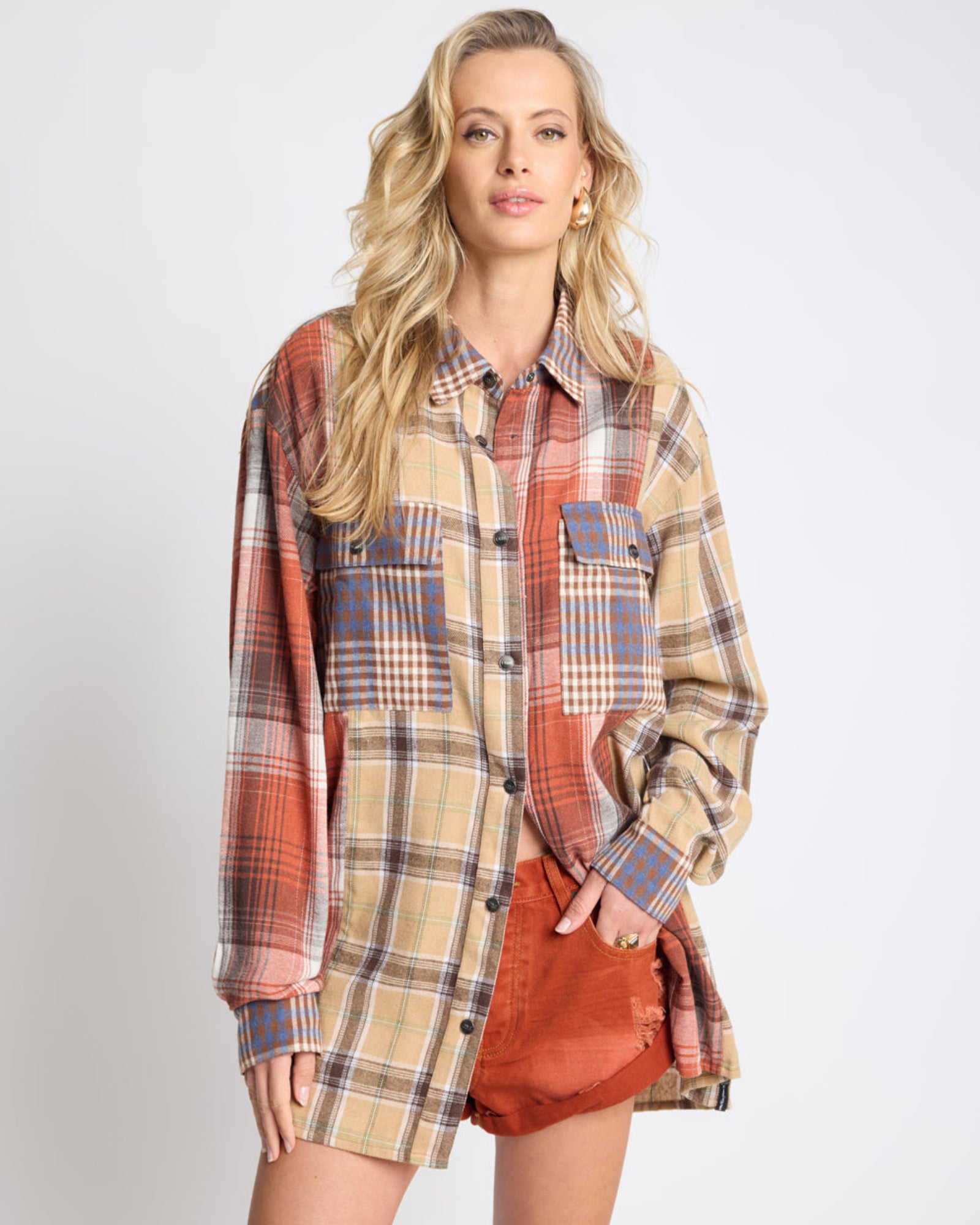 トップス PRINT FLANNEL CHECK SHIRT Essential Patchwork Flannel Shirt - Natural Check | One Teaspoon USA