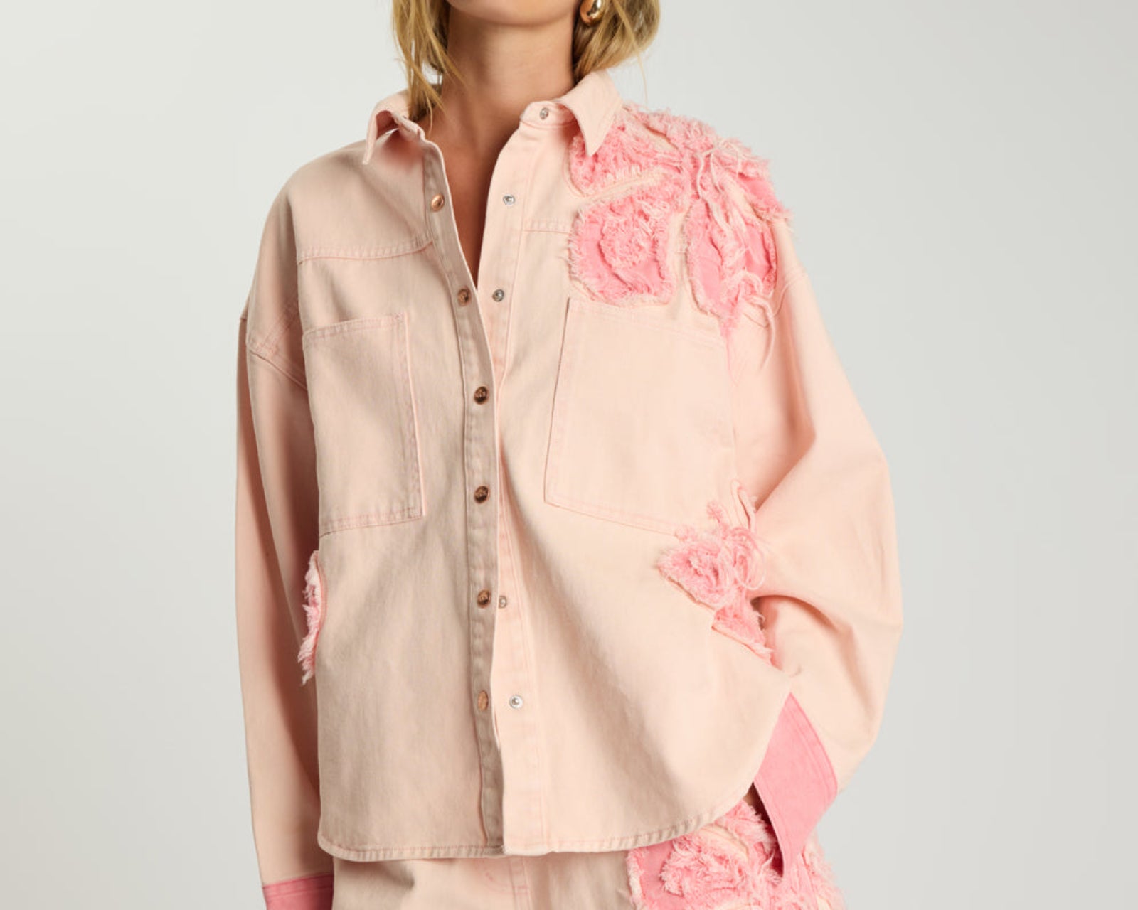 Frayed Daria Denim Shacket - Pink Petal