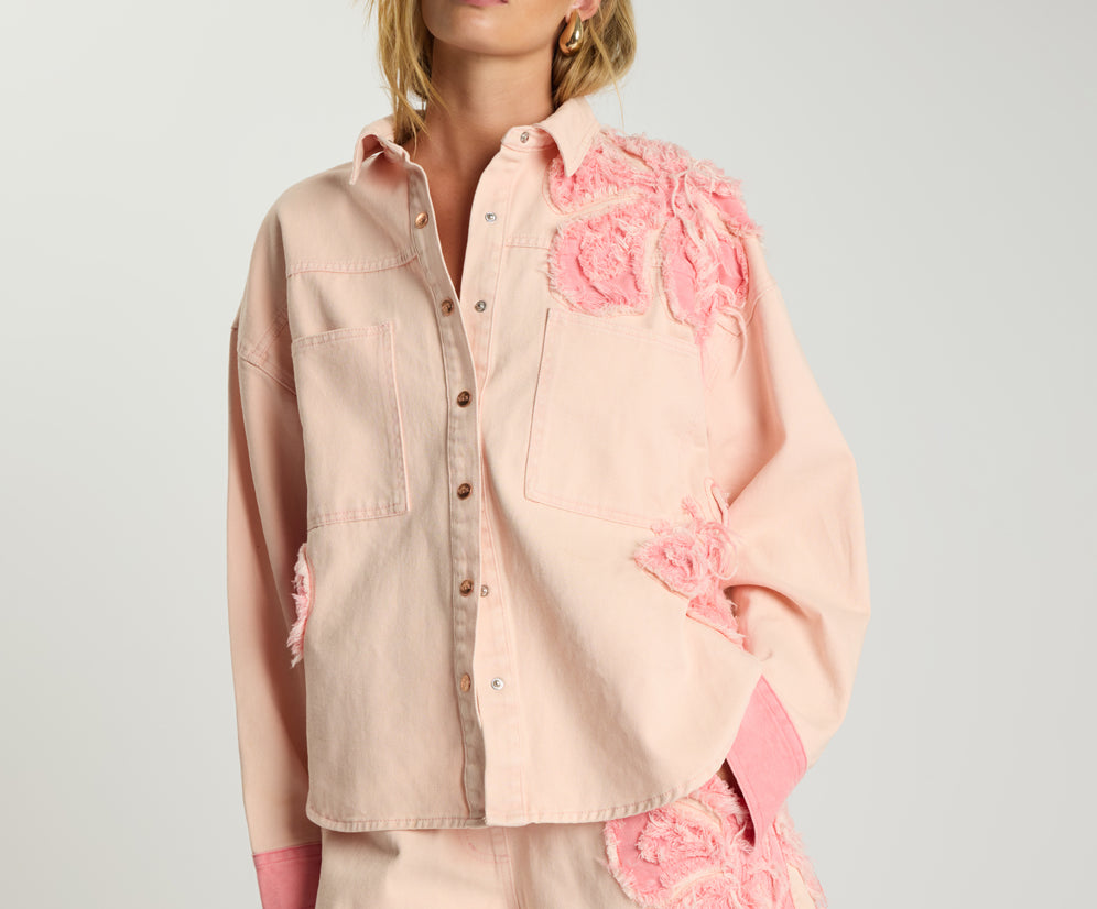 Frayed Daria Denim Shacket - Pink Petal