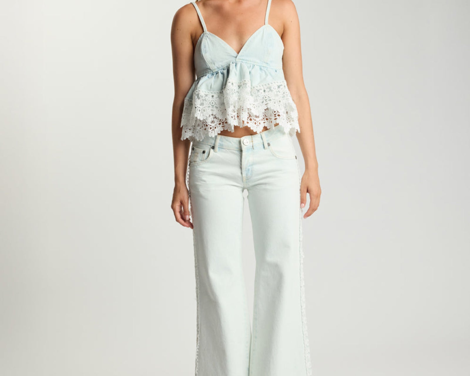 Landslide Denim And Lace Frill Top - Blonde Blue