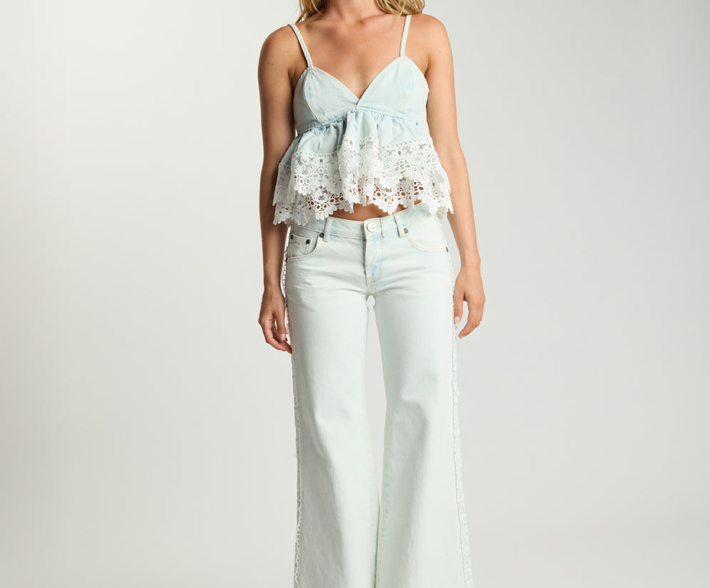 Landslide Denim And Lace Frill Top - Blonde Blue