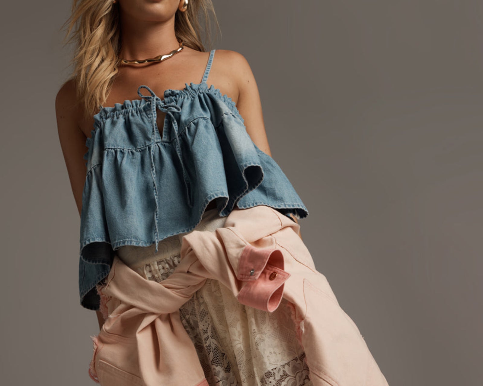 Cascade Ruffle Cami Denim Top - Chambray Blue