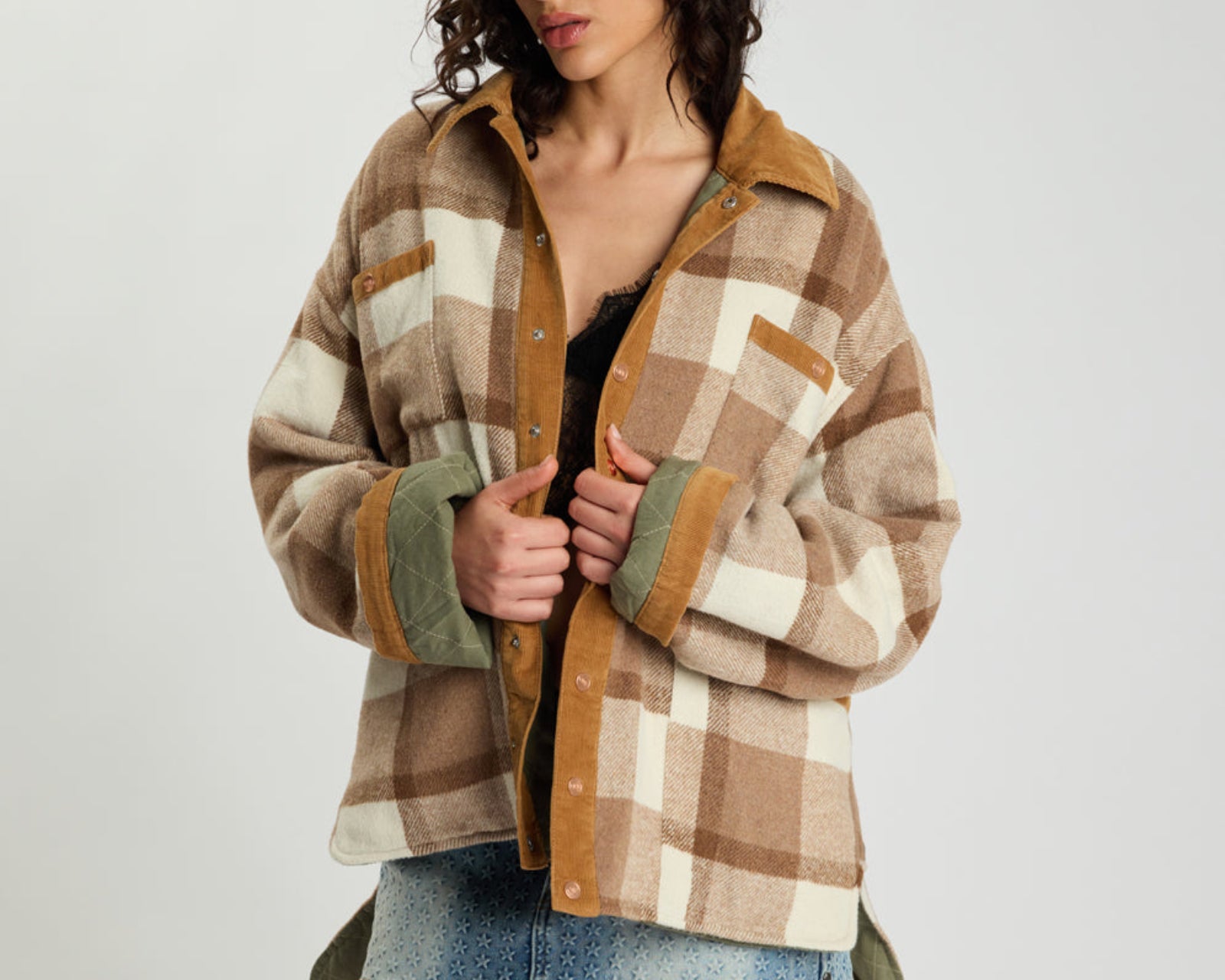Vintage Padded Oversized Fleece Jacket - Tan Check