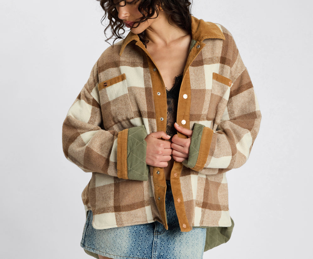 Vintage Padded Oversized Fleece Jacket - Tan Check
