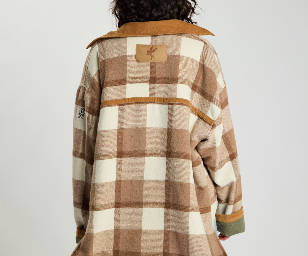 Vintage Padded Oversized Fleece Jacket - Tan Check
