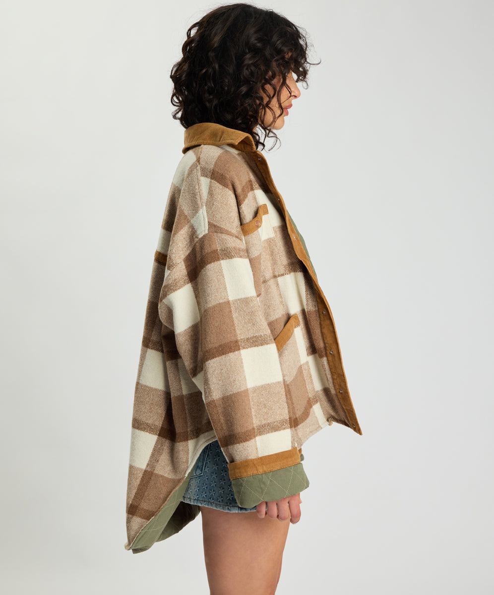 Vintage Padded Oversized Fleece Jacket - Tan Check