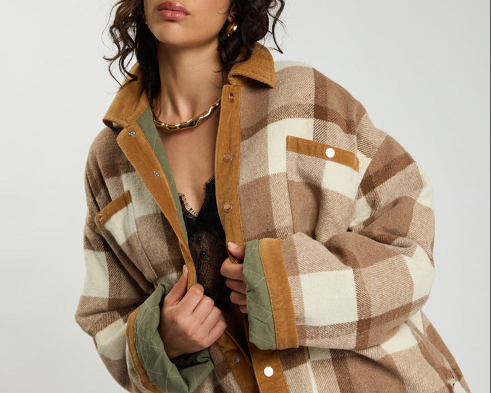 Vintage Padded Oversized Fleece Jacket - Tan Check