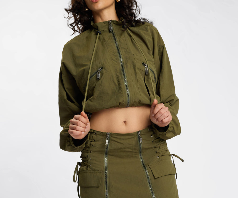 Drift Cropped Bubble Hem Jacket - Khaki