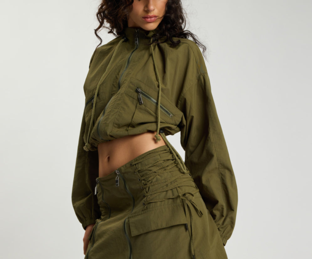 Drift Cropped Bubble Hem Jacket - Khaki