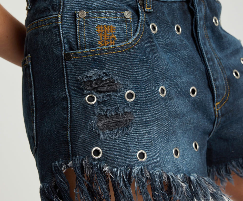 Outlaws Low Waist Mid Length Denim Shorts - Grunge Goddess Indigo