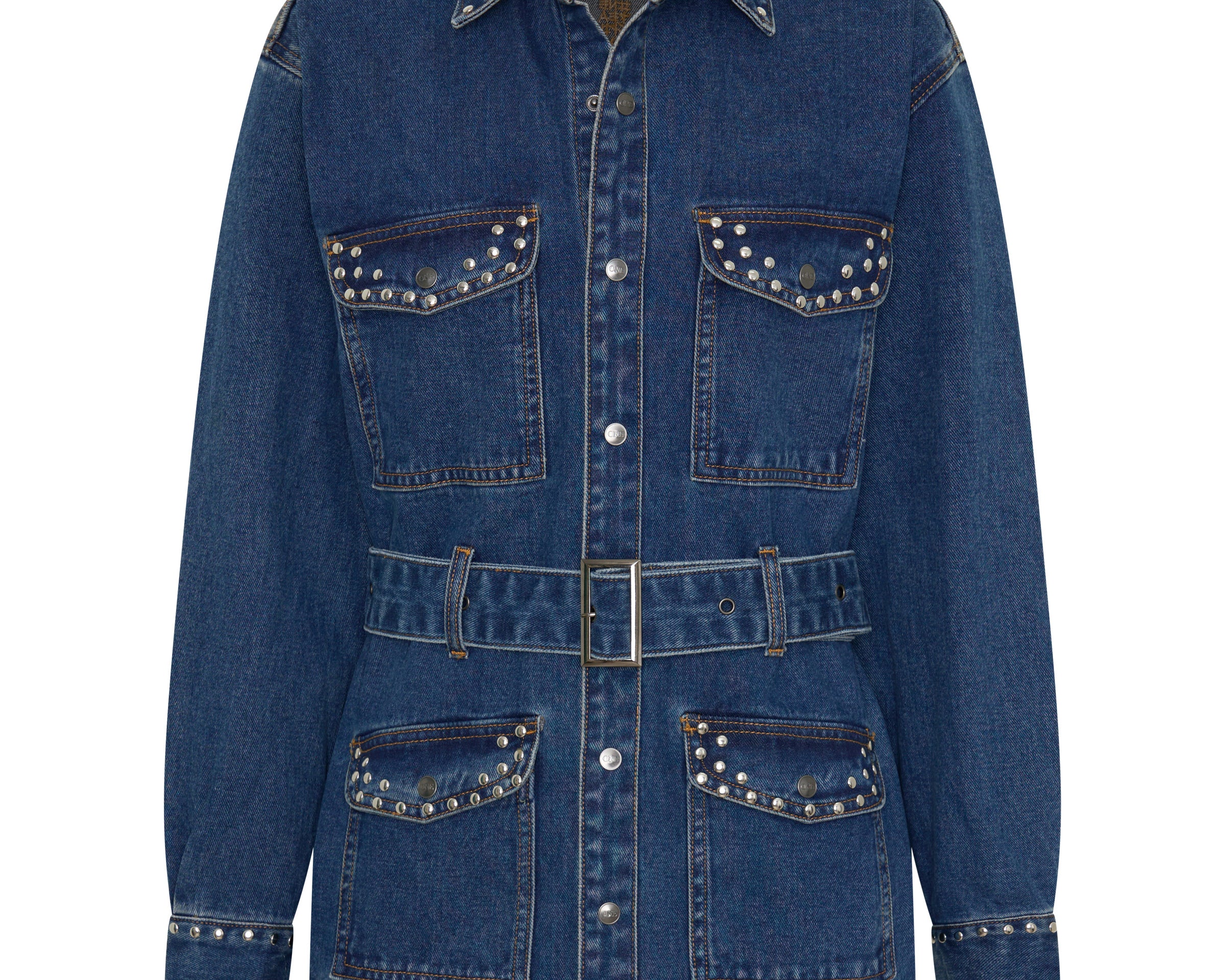 Chrome Edge Studded Belted Denim Jacket - Eclipse Blue