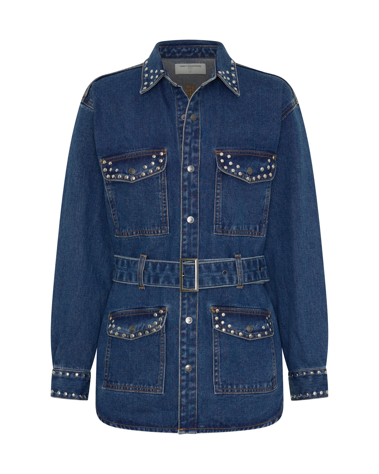 Chrome Edge Studded Belted Denim Jacket - Eclipse Blue