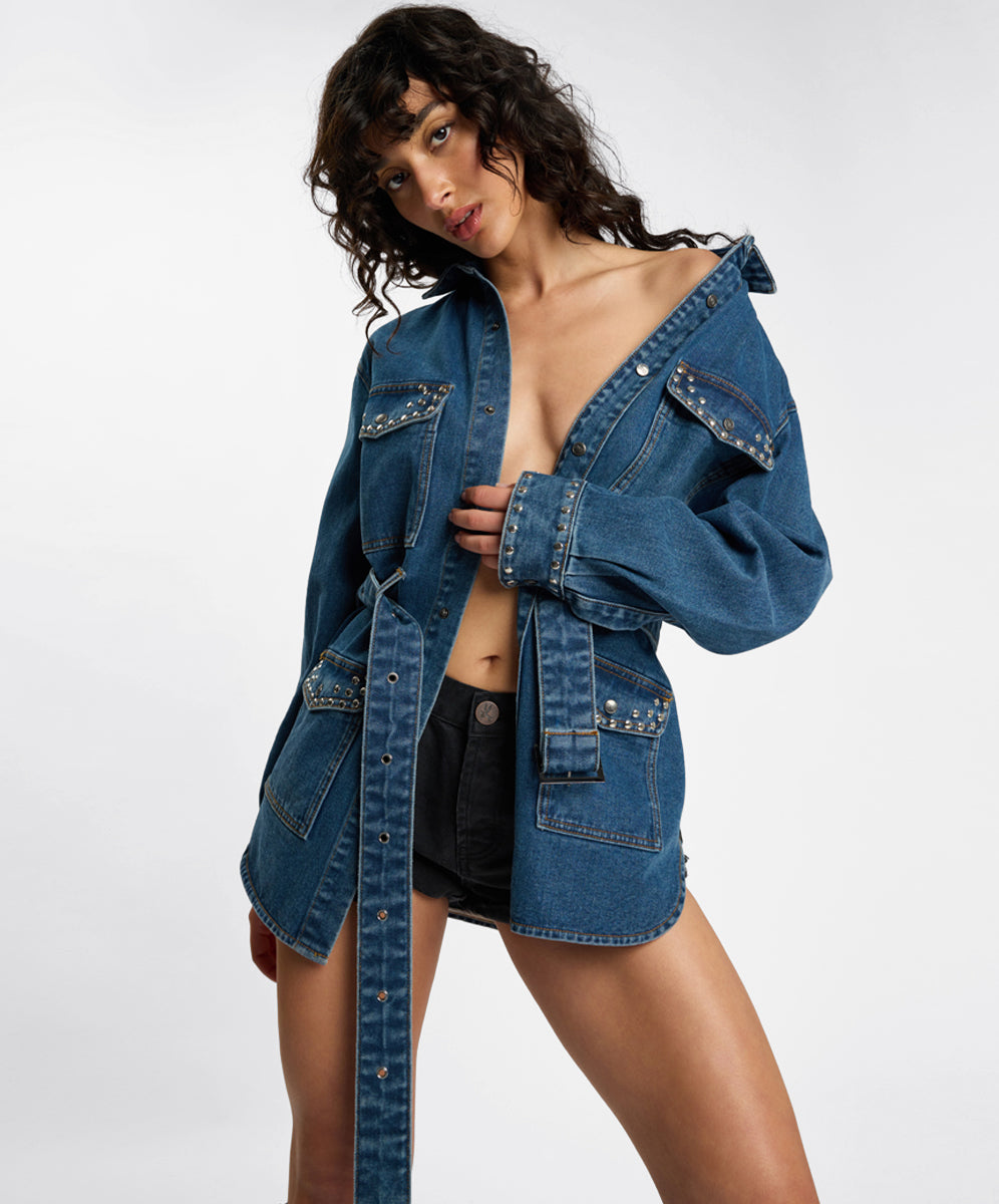 Chrome Edge Studded Belted Denim Jacket - Eclipse Blue | One