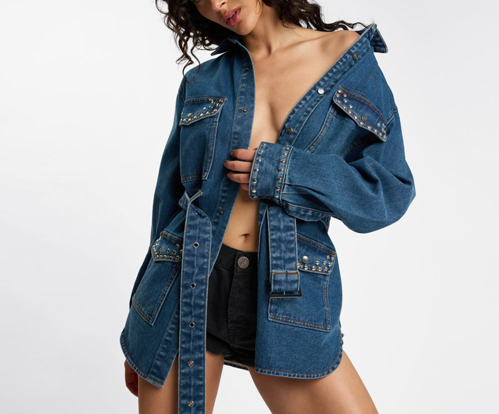 Chrome Edge Studded Belted Denim Jacket - Eclipse Blue