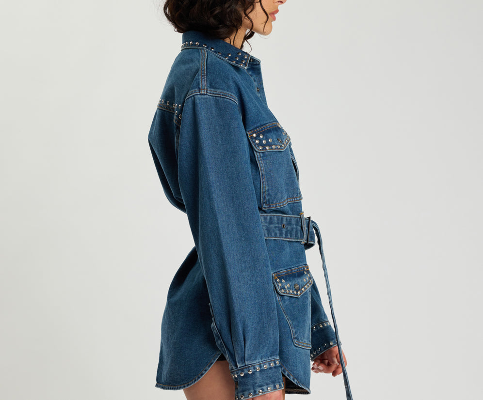 Chrome Edge Studded Belted Denim Jacket - Eclipse Blue