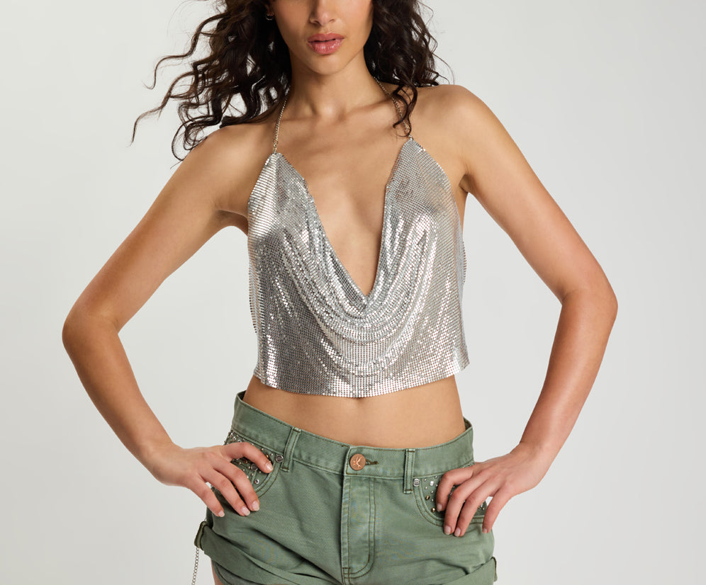 Supernova Glomesh Cowl-Neck Top - Silver