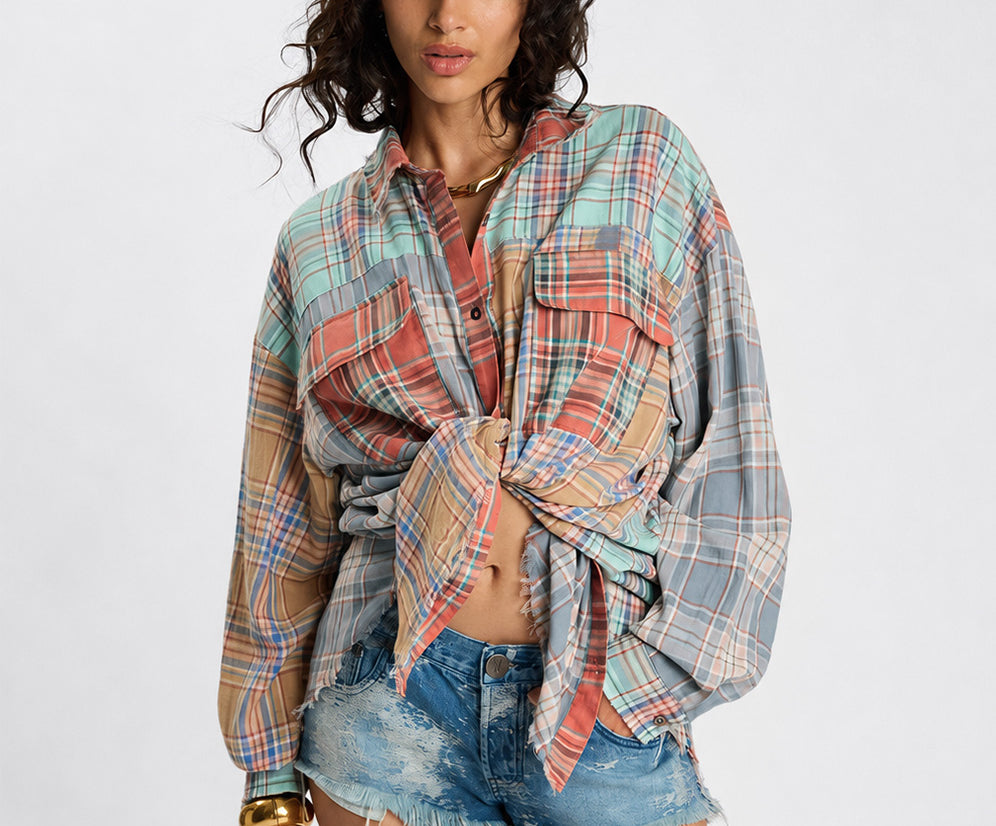 Sunset Madras Check Tie Back Shirt - Coral Teal