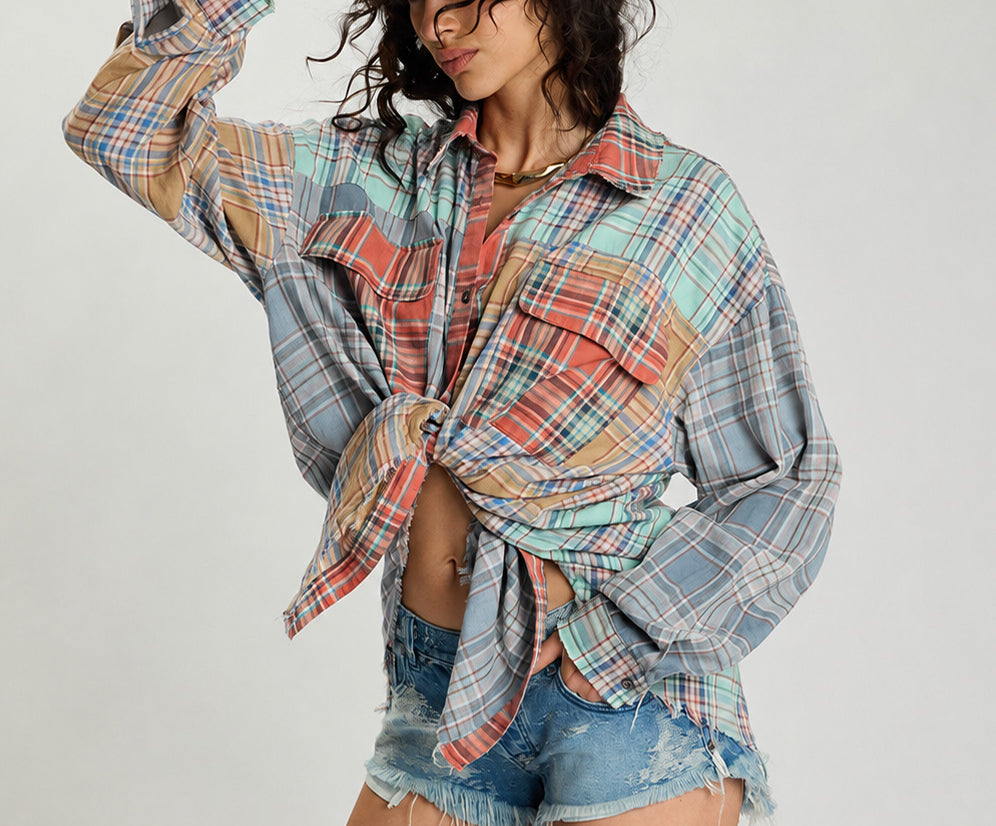 Sunset Madras Check Tie Back Shirt - Coral Teal