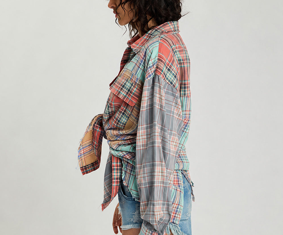 Sunset Madras Check Tie Back Shirt - Coral Teal