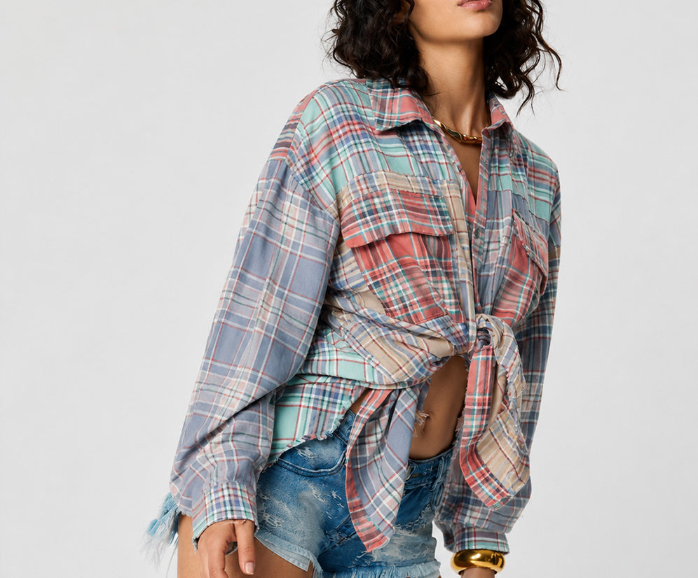 Sunset Madras Check Tie Back Shirt - Coral Teal