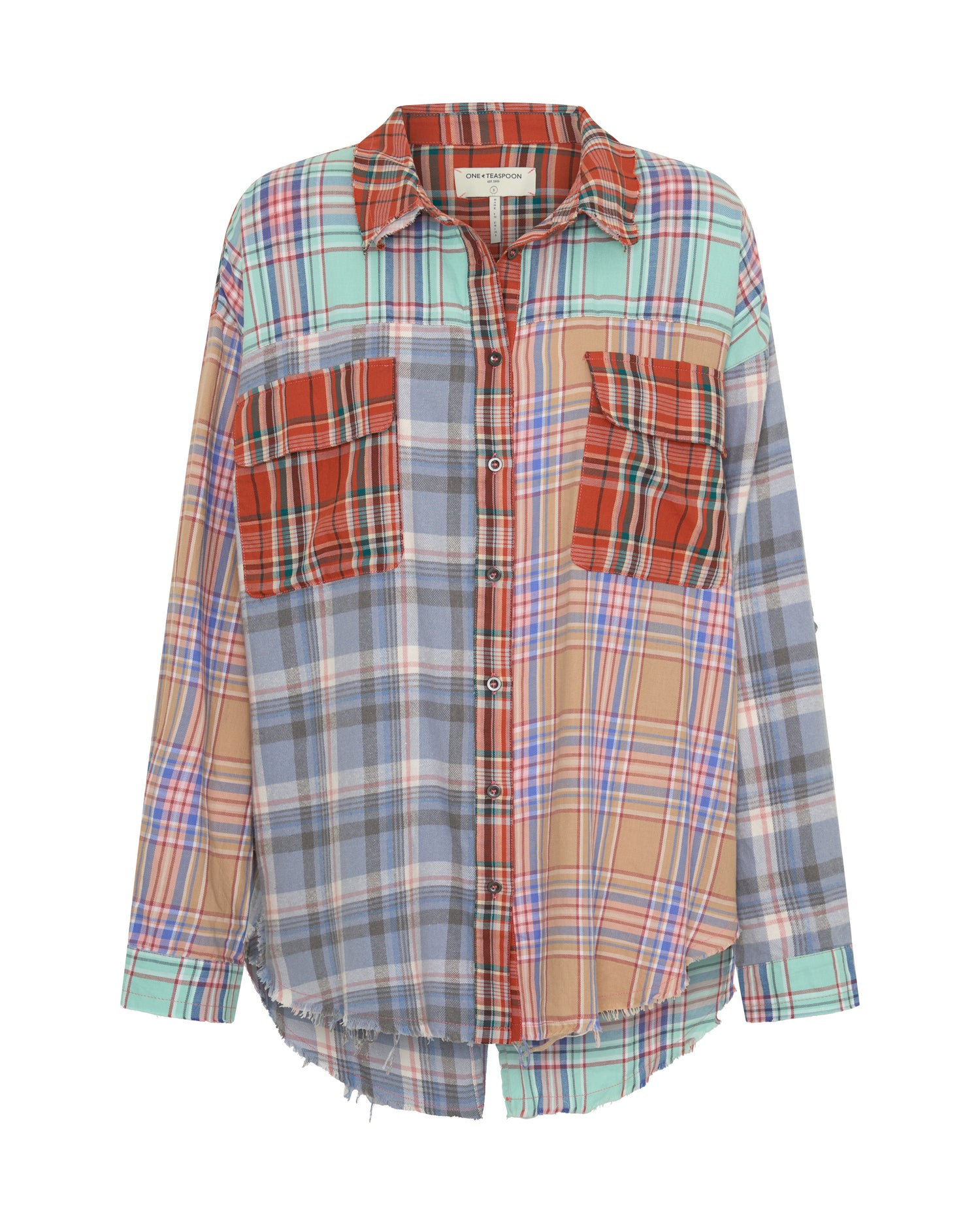 Sunset Madras Check Tie Back Shirt - Coral Teal