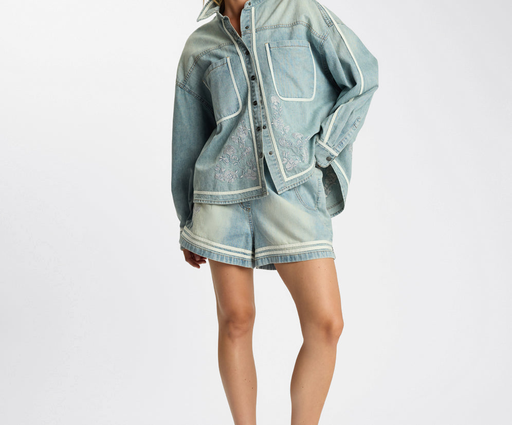 Funks High Waist Elasticated Embroidered Flippy Denim Shorts - Folklore Chambray Blue