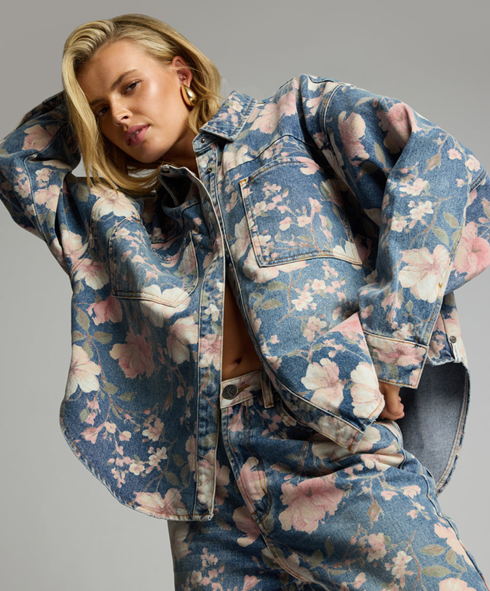 Lovelorn Daria Denim Shacket - Floral Bloom Cobaine Blue | One