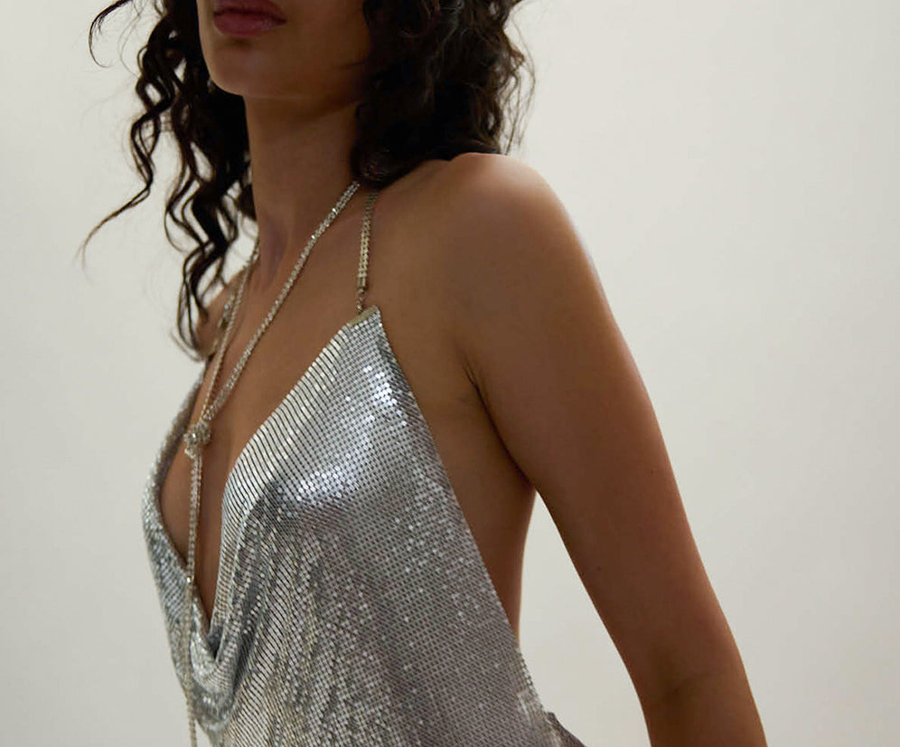Supernova Chainmail Mesh Cowl-Neck Mini Dress - Silver