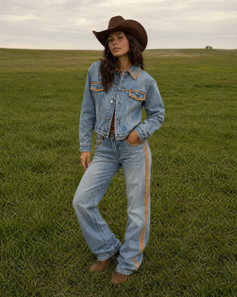 Trucker Low Waist Straight Leg Denim Jeans - Blue Lightning | One