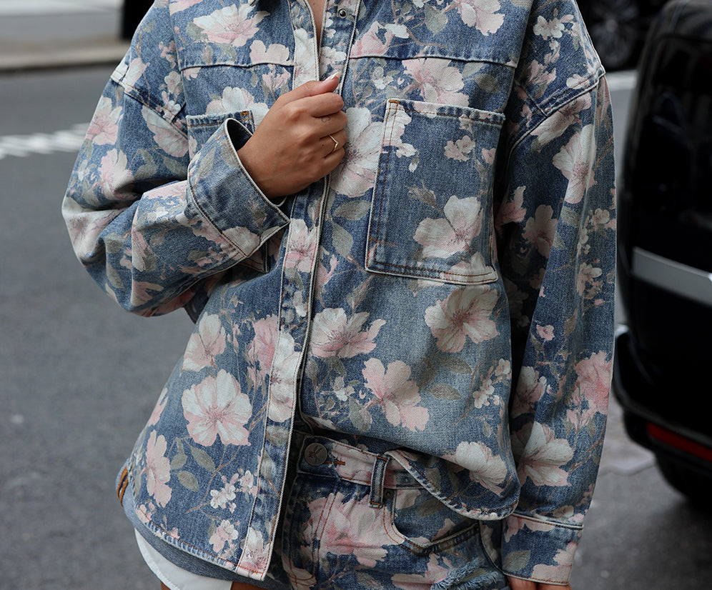 Lovelorn Daria Denim Shacket - Floral Bloom Cobaine Blue