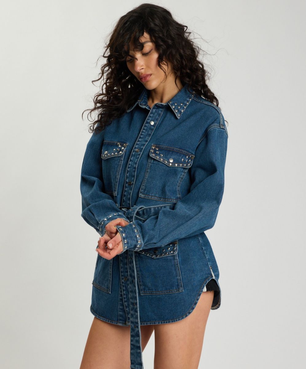 Chrome Edge Studded Belted Denim Jacket - Eclipse Blue | One
