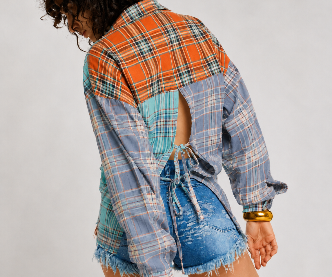 Sunset Madras Check Tie Back Shirt - Coral Teal